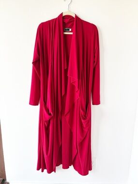 Sympli Long Red Open Front Draped Cardigan Flowy Waterfall Maxi Sweater Pockets